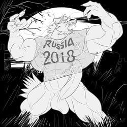 2016 4_fingers abs anthro anthro_only balls biceps big_balls big_biceps black_and_white canine cheek_tuft claws clothed clothing danandnite detailed_background english_text erection eyewear fluffy fluffy_tail front_view fur furry goggles grass graveyard head_tuft huge_balls huge_muscles humanoid_penis male male_only mammal manly monochrome moon muscular muscular_male night nipples no_humans outside pecs penis portrait serratus sharp_teeth shirt snout solo standing teeth text three-quarter_portrait tombstone toony tuft were werewolf wolf zabivaka