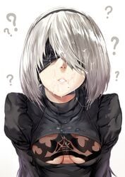 1girls ? blindfold breasts cleavage cum cum_on_clothes cum_on_hair facial female female_only hairband hews_hack lips male mole mole_under_mouth nier nier:_automata parted_lips penis pov short_hair silver_hair solo white_background yorha_2b