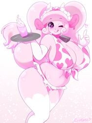 1girls bell big_ass big_breasts big_butt bikini bovine bubble bubble_butt collar cow_ears cow_horns curvy curvy_figure female goo heart heart-shaped_pupils huge_ass huge_cock looking_at_viewer milk parfait_(pastelletta) pastelletta pink_eyes pink_skin serving serving_tray slime smiling smiling_at_viewer solo solo_focus tongue tongue_out wink winking winking_at_viewer