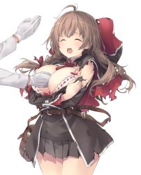 1boy ahoge between_breasts black_skirt blush bow bow_bra bra braid breasts brown_hair capelet cleavage closed_eyes covering_breasts covering_privates female gloves hair_ribbon highres hood hood_down kantai_collection large_breasts long_hair long_sleeves messy_hair open_mouth pleated_skirt red_ribbon ribbon sakana_(flame_sakana) shinshuu_maru_(kantai_collection) simple_background single_braid skirt solo_focus sweat torn_clothes underwear white_background white_bra white_gloves