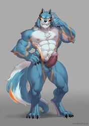 2016 abs anthro balls barefoot biceps big_penis black_nose blue_eyes blue_fur canine chest_tuft claws erection fangs fur hi_res looking_at_viewer male male_only mammal muscular muscular_male navel nipples nude orange_fur pecs penis raised_arm randolph signature solo standing thick_penis tigari toe_claws tuft vein veiny_penis white_fur wolf