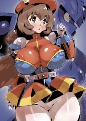 1boy 1girls 2023 android armor belt breasts brown_hair clothed clothing dress female female_focus gloves green_eyes hat highres huge_breasts iris_(mega_man) long_hair low-tied_long_hair male mega_man mega_man_x military_hat nipple_bulge open_mouth petitdry skin_tight standing thick_thighs thighhighs tight_clothing tongue very_long_hair white_gloves wide_hips zero_(mega_man)