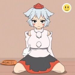 1:1 1boy 1girls 30_seconds animated black_skirt camp_of_hunger clothes_lift emoji grabbing_another's_breast grey_hair inubashiri_momiji large_breasts lifted_by_another longer_than_30_seconds looking_at_viewer momiji_inubashiri no_sound patting patting_head red_eyes red_hat short_hair tagme tokin_hat touhou video