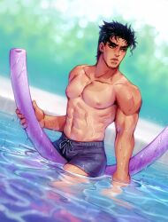 1boy black_hair joestar_birthmark jojo's_bizarre_adventure jotaro_kujo kora-jo male male_only muscular_male outdoors shirtless shirtless_male solo stardust_crusaders sweat