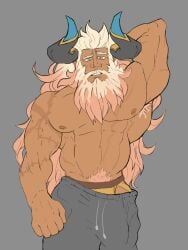 armpit_hair balls bara beard big_bulge bulge clothing dragalia_lost facial_hair flaccid gauld hand_behind_head horns jockstrap mageshitposts male male_only muscles muscular penis scars shirtless solo solo_male sweatpants