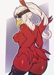 anthro ass avante92 avian breasts digimon female hawkmon looking_at_viewer nipples nude pussy solo tongue