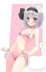 1other armpit_crease bikini black_bow black_hairband blue_eyes blush bob_cut bow breasts collarbone commentary_request cowboy_shot embarrassed female flying_sweatdrops grey_hair hair_between_eyes hairband hairbow halterneck highres hitodama konpaku_youmu konpaku_youmu_(ghost) looking_at_viewer micro_bikini navel open_mouth pink_background pink_bikini shishiky short_hair small_breasts solo_focus stomach string_bikini sweat swimsuit thighs touhou white_background youmu_konpaku