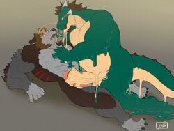 2016 5_fingers 5_toes abs biceps big_biceps big_tail black_claws brown_eyebrows brown_fur brown_hair canine claws colored danandnite dragon duo ears_back erection eye_contact flat_colors frottage fur goo green_scales grey_background grey_fur hand_on_chest horn huge_muscles humanoid_hands humanoid_penis hyper hyper_penis hypnosis laggio lying male mammal manly markings mind_control multicolored_fur multicolored_scales muscular muscular_male obliques pecs penis pink_eyes pink_penis pink_tongue plantigrade quads red_markings red_tongue scales scalie serratus sex shadow side_view signature simple_background snout tan_balls tan_scales toes tongue triceps two_tone_fur two_tone_scales western_dragon white_horn wolf yaoi