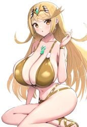 1girls bikini blonde_hair breasts cleavage core_crystal female gold_bikini gold_eyes gonzarez huge_breasts light-skinned_female light_skin long_hair mythra nintendo simple_background xenoblade_(series) xenoblade_chronicles_2