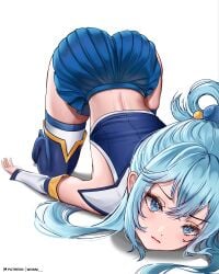 1girls aqua_(konosuba) ass ass_focus ass_up blue_eyes blue_hair blue_outfit boots dat_ass face_down_ass_up goddess kono_subarashii_sekai_ni_shukufuku_wo! light-skinned_female light_skin sad short_skirt skirt wonnikon