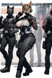 1girls 3boys ai_generated armor armored_female breasts cleavage female female_only helmet kamen_rider kamen_rider_geats_(series) kamen_rider_na-go large_breasts thick_thighs thighs