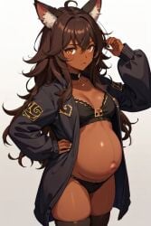 ai_generated animal_ears bangs big_breasts black_choker black_collar bra brown_body brown_hair brown_skin cat_ears cat_girl chocker collar cute cute_face hand_on_hip jacket long_hair looking_at_viewer open_mouth orange_eyes pregnant pregnant_female raised_hand thick_thighs thigh_highs yournewdoll