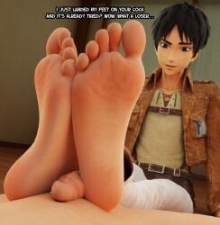 3d attack_on_titan crossed_legs dirty_talk english eren_jaeger feet foot_fetish foot_focus footjob gay male_feet male_foot_fetish mrgtsfloop shingeki_no_kyojin soles teasing text