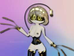 1girls 3d 3d_(artwork) alexandrstariy cute drone female female female_focus female_only focus glitch_productions gray_hair murder_drones nsfw robot robot_girl standing v_(murder_drones) white_body yellow_eyes