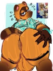 aloha_shirt animal_crossing anthro anus ass backsack balls bedroom_eyes black_body black_fur blush blush_lines bottomless bottomless_anthro bottomless_male brown_body brown_fur clothed clothing facial_markings fur gat0pussy24 genitals half-closed_eyes head_markings humanoid_genitalia inviting looking_at_viewer looking_back looking_back_at_viewer male male_focus male_only mammal markings mask_(marking) narrowed_eyes nintendo pattern_clothing pattern_shirt pattern_topwear perineum presenting presenting_anus presenting_balls presenting_hindquarters procyonid raccoon seductive shirt simple_background slightly_chubby slightly_chubby_anthro slightly_chubby_male solo striped_markings striped_tail stripes tail tail_markings thick_thighs tom_nook topwear wide_hips