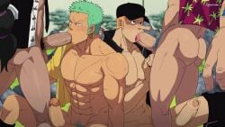 ass balls bara big_balls big_penis blowjob blush burankoprn erection fellatio fellatio_domination franky gay gay_blowjob green_hair kaku_(one_piece) male male/male male_nipples male_only male_pubic_hair muscular_male nipples nude one_piece oral oral_sex penis roronoa_zoro scar