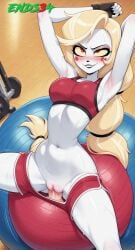 2025 ai_generated blonde_hair charlie_morningstar_(hazbin_hotel) dolphin_shorts ends34 female female_focus hazbin_hotel medium_breasts shorts sports_bra sports_uniform