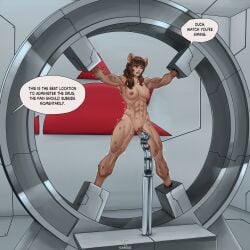abs agents_of_dawn animal_ears bondage clitoris dialogue english_text experiment female furry heidi_grimm hyena_girl injection lab muscular needle nude spread_legs tatatsumak