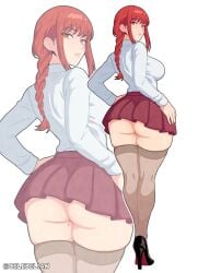 1girls ass ass_cleavage back back_view big_ass big_breasts blush bottomwear braid braided_hair breasts celebelian chainsaw_man close-up clothing female female_only footwear full_body hair hand_on_hip heels high_heels leggings legs legwear lips looking_back makima_(chainsaw_man) mole mole_on_thigh red_eyes red_hair red_skirt shirt skirt solo solo_female thick_thighs thighhighs thighs topwear white_shirt