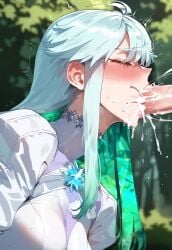 1boy 1girls ai_generated ass big_breasts blowjob breasts cum cum_in_mouth fate/grand_order fate_(series) fellatio female female_focus green_eyes green_hair hips huge_ass huge_breasts huge_cock kukulkan_(fate) large_breasts long_hair male thick_thighs thighs white_hair wide_hips