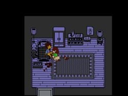 1boy1girl 2d_(artwork) ass bed bedroom blue_sweater boots breasts_out carpet chara chara_(undertale) dark_background female female_chara frisk frisk_(undertale) green_sweater lazzy_(artist) lights_off male male_frisk nipples pants_on_floor penis penis_grab pink pixel_art room sex sitting sitting_on_bed snasundrtle sucking_penis toys undertale undertale_(series)