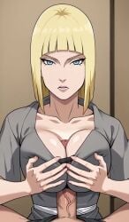 1boy 1girls ai_generated animated animated animated blonde_hair bob_cut cleavage clothed female huge_breasts huge_cock male male/female naruto naruto_shippuden paizuri paizuri_under_clothes paralap samui tagme video
