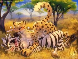 anthro biped closed_eyes detailed_background duo equid equine felid fingers french_kissing grass hand_holding heart_symbol hi_res kissing leopard male male/male mammal multicolored_body pantherine plant predator/prey sound_effects spots tail tongue tongue_out tree white_body wizzikt yellow_body zebra