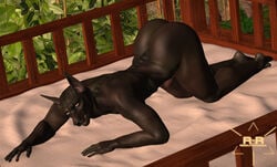 3d all_fours anthro anubian_jackal anubis ass ass_up azentaru_(r-a-s-p) canine deity detailed_background egyptian erection furry jackal male male_only mammal muscular nude penis plant r-a-s-p_(artist) seductive smile solo thick_thighs