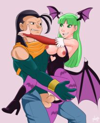 android_17 artist_request clitoris clothed_sex clothing crossover darkstalkers dragon_ball dragon_ball_gt dragon_ball_z female green_hair morrigan_aensland small_breasts straight succubus super_android_17 torn_clothes