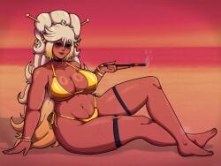 1girls 2025 2d 2d_(artwork) beach big_breasts bikini black_eyes black_sclera breasts breasts_bigger_than_head choker dark-skinned_female dark_elf dark_skin earrings elf elf_ears elf_female elf_girl female gold_bikini gold_jewelry golden_nails gradient_hair jewelry kardnis_iforn_(oc) kinurathrenne_(artist) large_breasts laying long_hair long_ponytail mole mole_on_breast mole_under_mouth oc painted_nails painted_toenails pierced_belly_button plump ponytail scar scar_on_face smoking smoking_cigarette steam sunglasses sweat thick_thighs thigh_strap voluptuous voluptuous_female white_hair yellow_hair