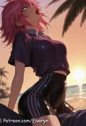 1boy 1girls ai_generated big_ass big_breast breasts breasts_in elvoryn female female_on_cloth female_on_top female_squatting human hunter_x_hunter large_breasts light-skinned_female light_skin long_hair looking_at_viewer machi_komacine male pale-skinned_female pale_skin phantom_troupe pink_hair pink_nipple squatting