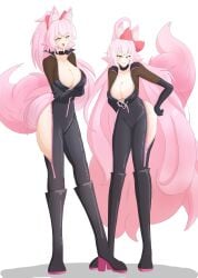 2girls a_singular_fish ahoge alternate_costume alternate_hair_color animal_ears bodysuit boots bow brainwashing breasts cleavage fate/grand_order fate_(series) female female_only femsub fox_ears fox_girl fox_tail gloves hand_on_hip happy_trance high_heels hypnosis identity_death jeanne_alter jeanne_d'arc_(fate) jeanne_d'arc_(fate)_(all) kitsune_girl koyanskaya koyanskaya_(fate) large_breasts latex leaning_forward long_hair mind_control multiple_girls multiple_subs open_mouth pink_hair ponytail smile standing tail thighs twinning very_long_hair yellow_eyes zipper