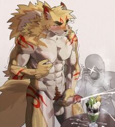 1boy 1other abs animal_ears armpit_hair armpits balls bara blush camera camera_flash commentary completely_nude cum cum_on_food ejaculation erection fangs food fox_boy fox_ears fox_tail furry furry_male highres holding holding_camera inari_(housamo) male male_focus muscular muscular_male navel nipple_stimulation nipple_tweak nipples nude one_eye_closed parfait pectorals penis ponytail red_sweater sparkle stretching sweat sweater tail testicles tokyo_afterschool_summoners undressing wasp_(anthyutena) white_background yawning