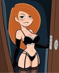 ai_generated big_breasts black_lingerie blushing_female kim_possible kimberly_ann_possible lingerie red_hair red_head standing_in_doorway