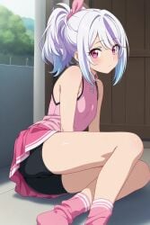 ai_generated androgynous bike_shorts blue_hair long_socks medium_hair multicolored_hair pink_eyes ponytail purple_hair skirt streaked_hair t-shirt white_hair