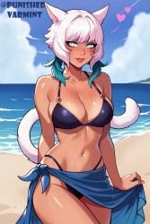 beach bikini cat_ears cat_tail catgirl female ffxiv final_fantasy_xiv looking_at_viewer miqo'te ocean punished_varmint short_hair tanned_skin white_hair y'shtola