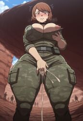 aerolae ai_generated alternate_costume atlus blush bottom_heavy breasts brown_eyes brown_hair busty camouflage_jacket camouflage_pants cum curvaceous curvy curvy_figure curvy_hips curvy_thighs ear_piercing earrings ejaculation erection exposed_breasts female female_masturbation fingering flushed from_below hand_between_legs hand_on_breast holding_own_breast horny horny_female huge_breasts jewelry large_breasts megami_tensei military military_uniform nipple_slip orgasm_face outdoors persona persona_3 shin_megami_tensei soldier solo solo_female solo_focus standing_masturbation thick thick_hips thick_legs thick_thighs thighs thighs_bigger_than_head thunder_thighs tight_clothing vagina wasteland wide_hips yukari_takeba yukari_takeba