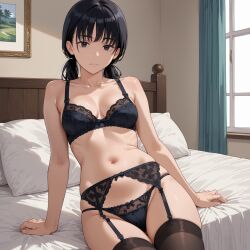 1girls ai_generated black_bra black_panties bra chainsaw_man dodoriasan female garter_belt garter_straps mitaka_asa panties solo