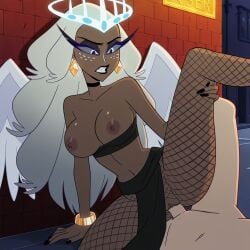 1boy 1girls 2025 ai_generated big_breasts breasts dark-skinned_female ends34 female female_focus female_on_human goth_girl hazbin_hotel human human_on_humanoid humanoid interracial long_hair male male_on_humanoid penis prostitute_clothes prostitution pussy sera_(hazbin_hotel) sex slutty_clothes stockings straight vaginal_penetration white_hair