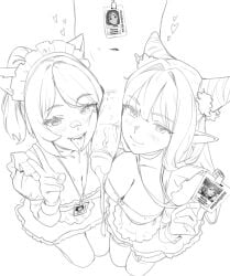1boy 2girls animal_ears ascari_megane_(aurahack) bandaid bandaid_on_face bandaid_on_nose breasts cat_ears cleavage closed_mouth cum cum_string dress erection female ffm_threesome greyscale group_sex hand_up heart highres holding_id_card juliet_sleeves large_breasts long_hair long_sleeves looking_at_viewer maid maid_headdress male mole mole_under_eye monochrome multiple_girls open_mouth original penis penis_on_face pointy_ears puffy_sleeves smile straight thernz threesome tongue tongue_out uncensored
