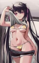 absurdres bikini black_nails blush breasts clothes_lift clothes_pull female gold_bikini highres lifting_own_clothes long_hair looking_at_viewer medium_breasts mole mole_on_breast multicolored_hair nail_polish navel original priite_hari_(torriet) purple_eyes shirt shorts shorts_pull smile solo streaked_hair swimsuit torriet twintails white_shirt