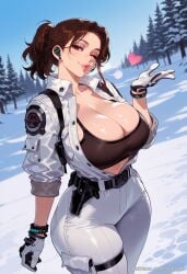ai_generated balecxi belt brown_eyes brown_hair cleavage female gun hailey_(the_first_descendant) heart huge_breasts looking_at_viewer one_eye_closed outdoors ponytail snow solo the_first_descendant thigh_holster tree weapon white_gloves
