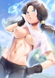 1girls absurdres bike_shorts black_gloves black_hair blue_eyes breasts cameltoe clothes_lift cloud collarbone day dragon_ball dragon_ball_z female fingerless_gloves flying_sweatdrops gloves hand_on_own_hip highres large_breasts lifting_own_clothes light_rays long_hair navel nipples no_bra noshiro_tomoya outdoors parted_bangs shirt shirt_lift sky solo sunlight sweat tomboy tsundere twintails videl white_shirt wiping_face wiping_sweat wiping_with_clothes