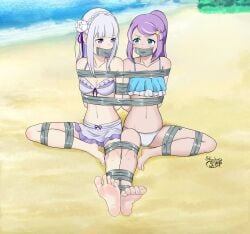 2girls anastasia_hoshin arms_behind_back arms_bound bare_soles barefoot bathing_suit belly belly_button bikini bondage bound_arms bound_legs bound_together captured captured_heroine duct_tape elf_ears elf_female elf_girl emilia_(re:zero) feet female female_only frogtie hostage human human_female kidnapped kidnapped_girl light-skinned_female multiple_girls on_beach outdoors purple_hair re:zero_kara_hajimeru_isekai_seikatsu shadow-xcp soles star_hair_ornament tape_bondage tape_gag taped_together tied_together toes white_hair
