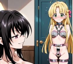 ai_generated asia_argento benmccannon_(artist) black_hair blonde_hair chastity_belt chastity_bra chastity_device green_eyes high_school_dxd master_slave metal_collar raynare thigh_bands