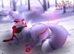 anus arctic_fox astralia_(art) canid canine female feral fox fur fur_markings genitals hi_res lying mammal markings pawpads paws presenting presenting_pussy pussy raised_tail red_eyes scarf smile snow solo solo_focus tail tail_anus true_fox watermark