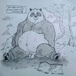 2020 absurd_res balls bear belly big_belly bodily_fluids cloud dialogue dreamworks english_text genitals giant_panda hi_res kung_fu_panda mammal master_po_ping moobs navel nipples outside penis plant sitting solo sweat text thepinkbeagle tree