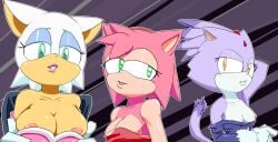 3girls accessory amber_eyes amy_rose anthro bat blaze_the_cat breasts clothing dipstick_tail domestic_cat eulipotyphlan felid feline felis female fur gloves green_eyes group hair_accessory half-closed_eyes handwear hedgehog lipstick looking_at_viewer makeup mammal markings multicolored_body multicolored_fur multicolored_tail narrowed_eyes nipples robo-sama rouge_the_bat sega sonic_(series) sonic_the_hedgehog_(series) tail tail_markings teal_eyes trio two_tone_body two_tone_fur undressing wings