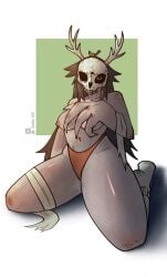 antlers bandages black_hair brown_hair bullet_hole face_covered fundamental_paper_education fundamental_paper_education_au fundamental_paper_education_oc grey_skin hand_over_breast humanoid red_panties saito_xd skull_mask