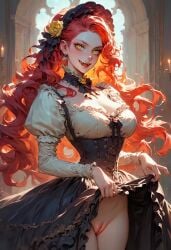 ai_generated flirty_female lifting_skirt long_hair original_character pretty_face red_hair vampire vampire_girl victorian